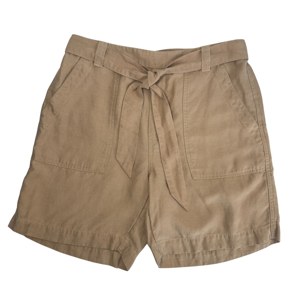 Soft Surroundings Womens Linen Blend Shorts Size S Khaki High Rise Tie Belt